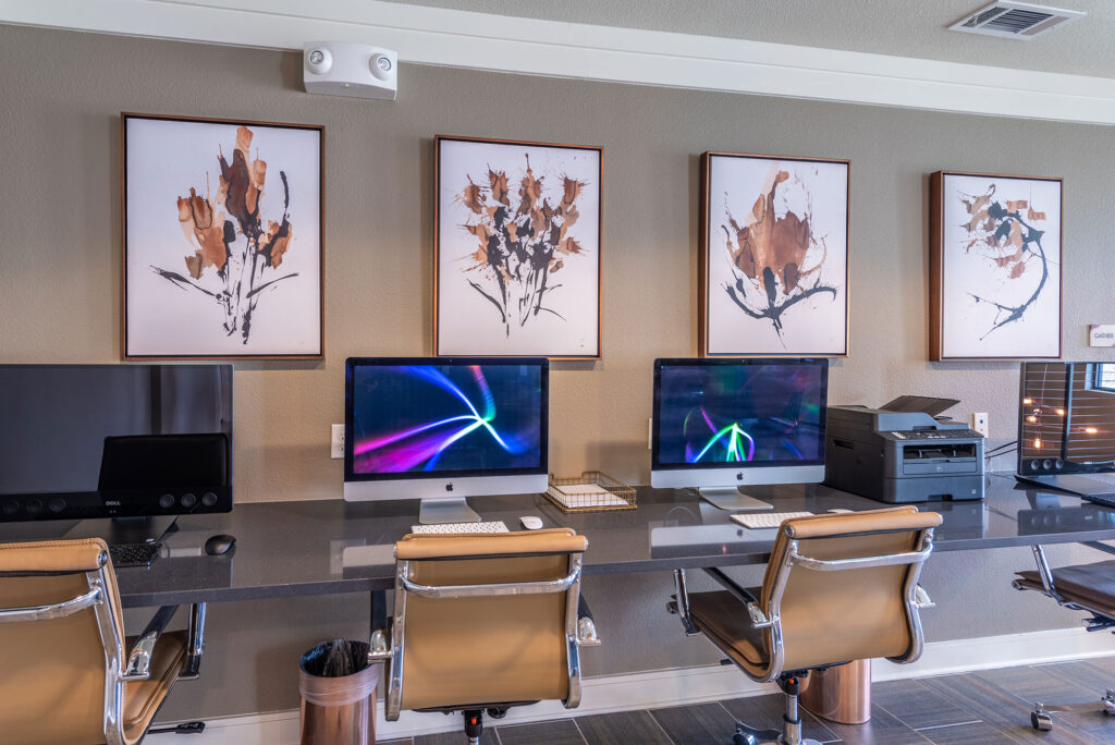 business center with a long able for meetings