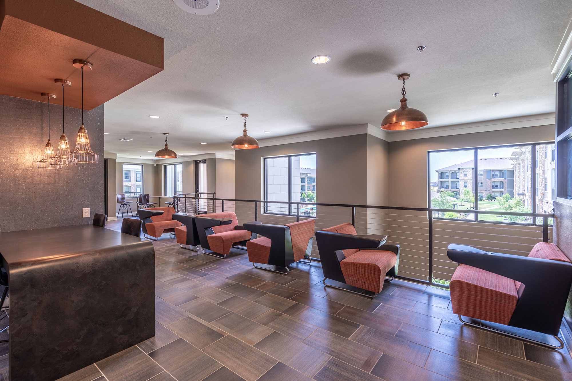 Clubhouse lounge with second story balcony