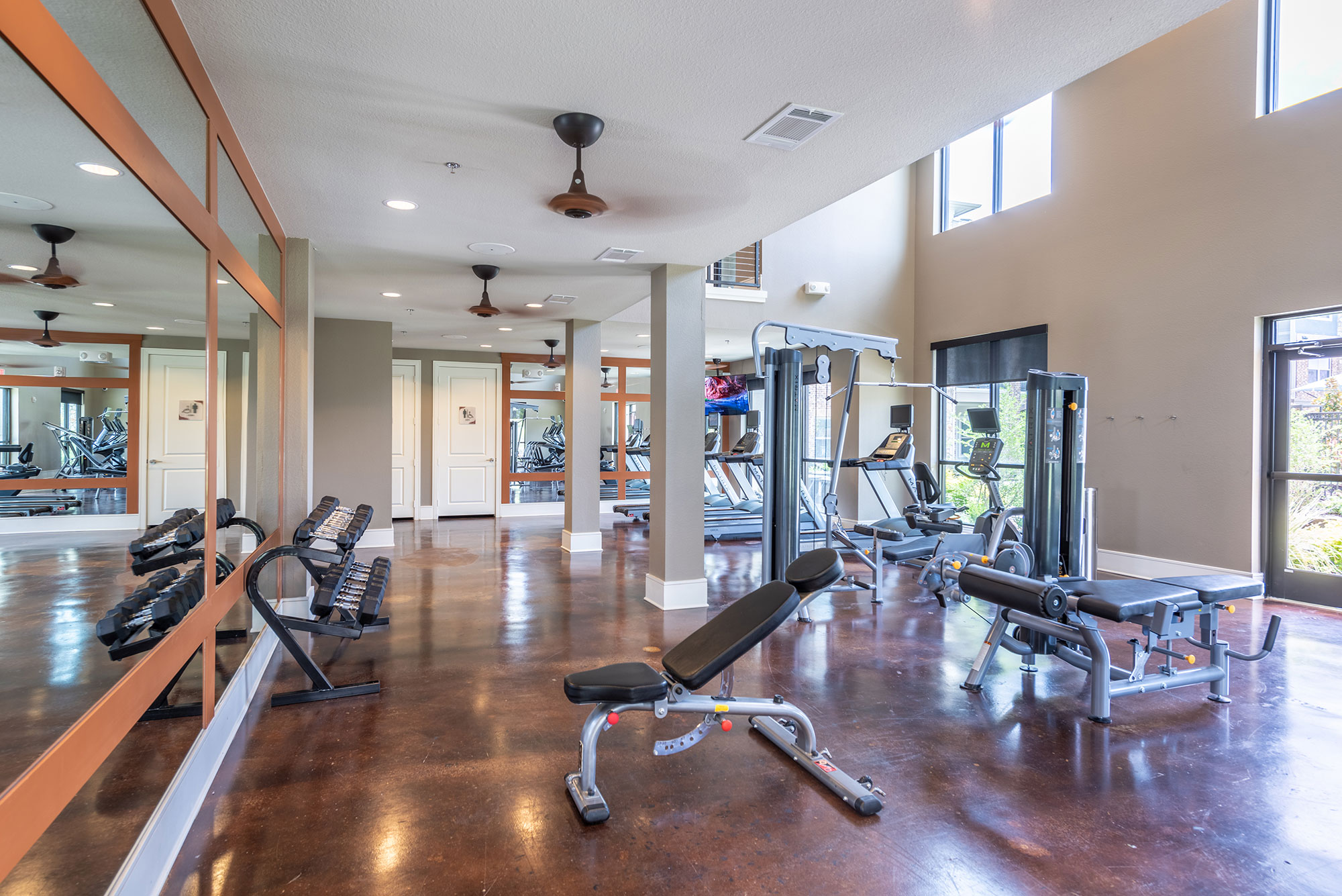 fitness center with free weights and cardio machines